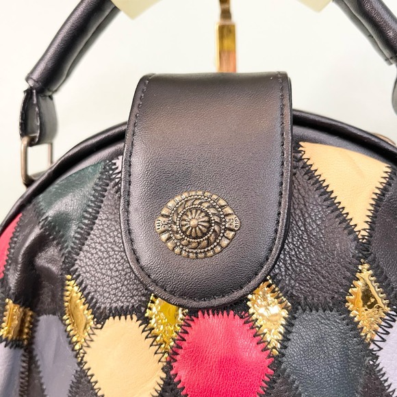 Vintage Patchwork Handbag Black Purse Art Deco Genuine Leather Mobwife Handcarry - Picture 4 of 8